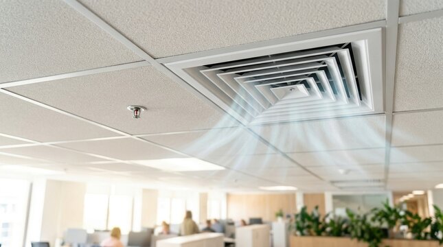 Ceiling air conditioning vent in a modern office. HVAC system with visible airflow and fire sprinkler. Climate control concept