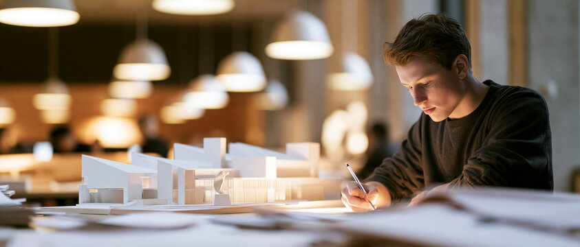 Male architecture student studying and drawing blueprints in studio  
