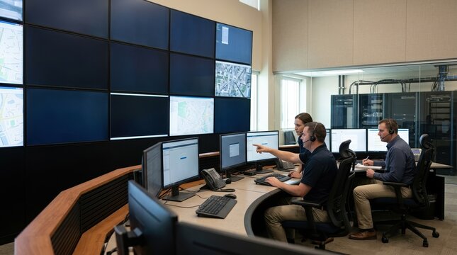 Team of operators working in a modern security control room. Professionals monitoring data on a large video wall in a command center. Surveillance and emergency response operations concept