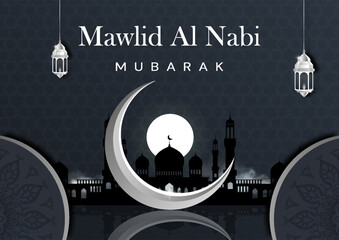 Obraz premium Mosque silhouette with crescent moon and hanging lanterns shown in decorative graphic style on dark patterned background for celebration. Vector illustration
