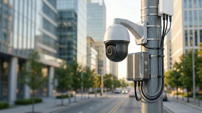 Modern security camera mounted on a city pole. CCTV surveillance system in a smart urban environment with office buildings. Public safety and monitoring technology
