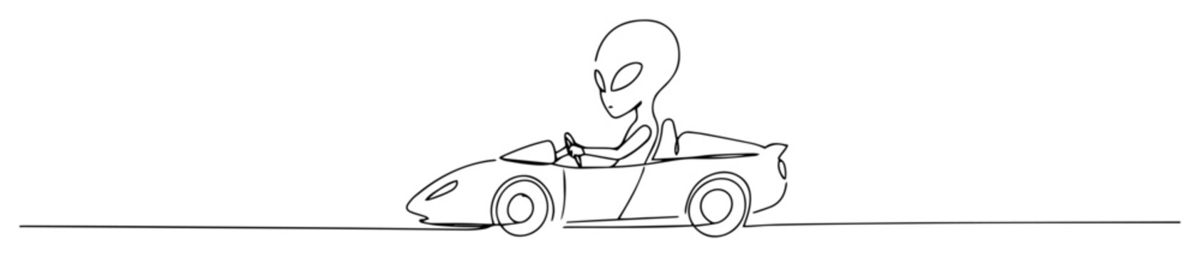 alien sitting in convertible car line drawing