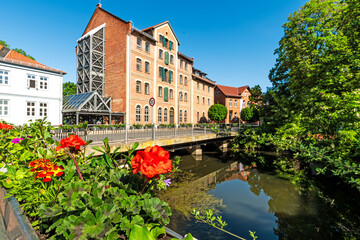 Fototapeta premium This horizontal composition shows the historic waterway of Little Venice in Wolfenbüttel with bright summer flowers in the foreground and the former mill building in clear daylight.