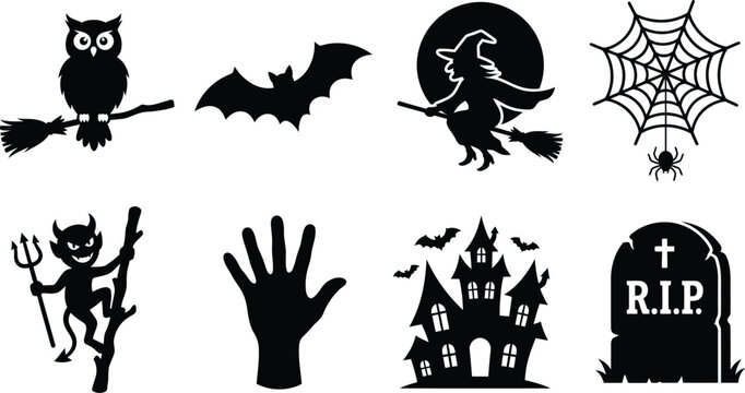 Halloween Silhouettes Owl Bat Witch Spiderweb Devil Hand Haunted House Tombstone