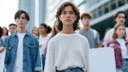 Obraz premium Young woman leading a group of people at a peaceful protest outdoors 