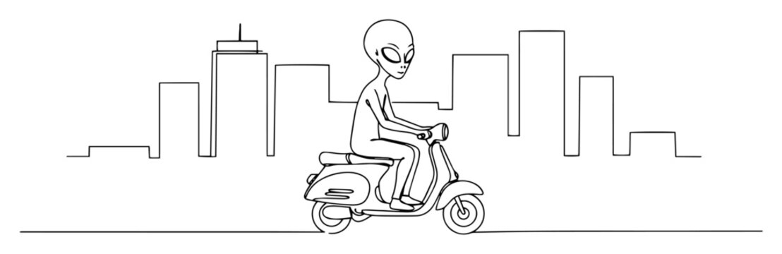 alien riding scooter in cityscape