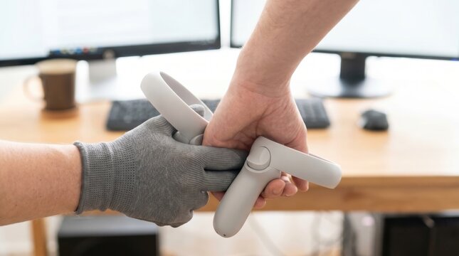 Person wearing one haptic feedback glove and one bare hand holding virtual reality controllers