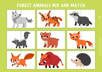 Obraz premium Vector forest animals mix and match puzzle. Woodland matching activity for preschool kids. Wildlife printable game with squirrel, bear, wolf, lynx, badger, skunk, hedgehog, boar