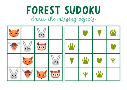 Vector forest animals sudoku puzzle for kids with pictures. Woodland quiz. Nature activity with fox, owl, hare, elk heads and their footprints or traces. Draw missing object. Who is missing