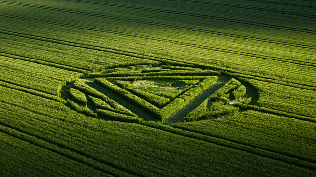Aerial view of crop circle pattern in green field  