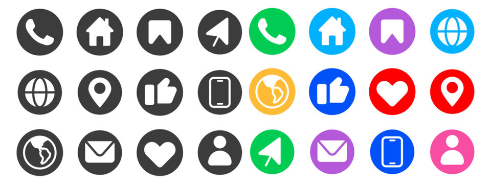 Colorful circle icons set with phone, home, location, globe, mail, heart, and user symbols. Communication and social media buttons collection.