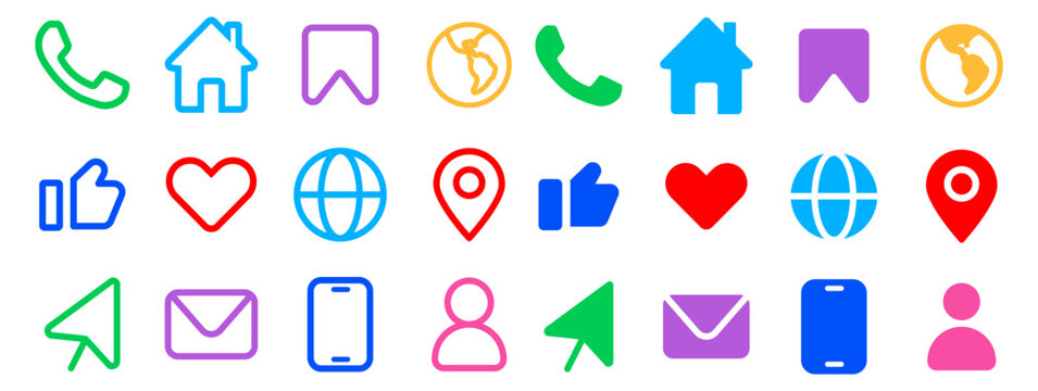 Colorful contact icon set with phone, home, mail, globe, and like symbols. User and location elements in vector style.