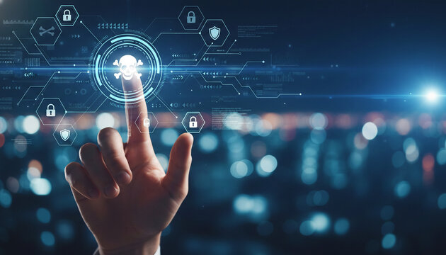 Digital interface with skull icon and padlock, representing cybersecurity threats and protection, on a blurred city background, symbolizing digital defense.