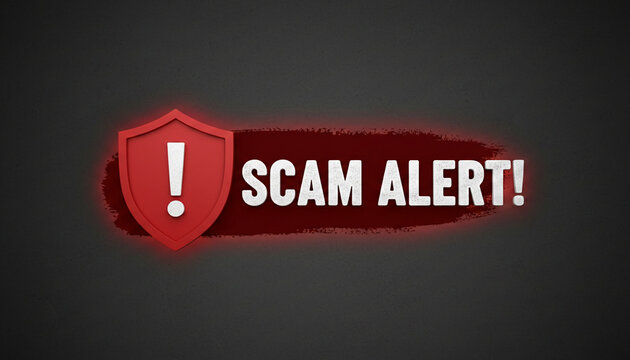 Red shield with exclamation mark and text "SCAM ALERT!" on a dark textured background, symbolizing danger and warning, ideal for cybersecurity or fraud prevention themes