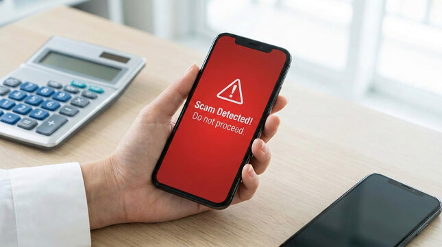 Hand holding phone with red screen displaying "Scam Detected", warning of online danger, representing caution and security alert on technology.