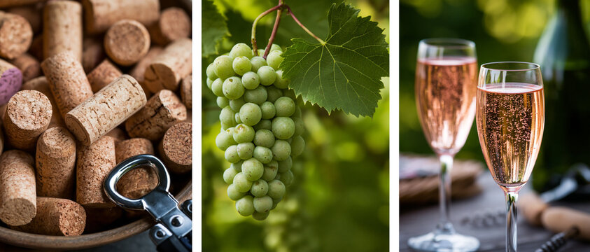 Wine corks, green grapes, and sparkling wine glasses on table  