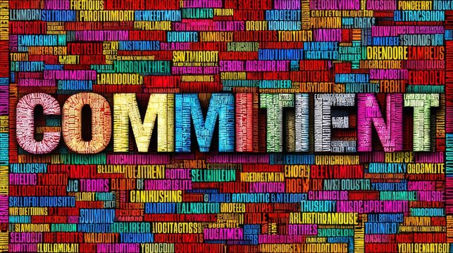 Business concept background featuring a word cloud collage representing commitment.