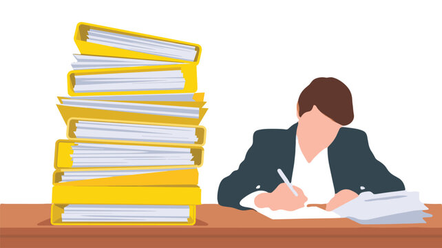 A large stack of yellow binders sits on a wooden desk next to a person writing, depicted in a flat vector style against a clean white background.