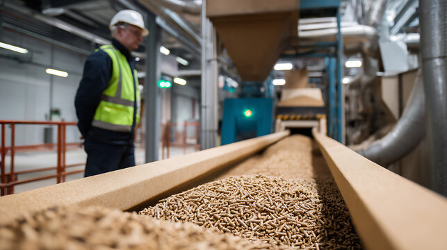 Industrial worker observes wood pellet production on a conveyor belt in a large-scale manufacturing facility for energy and sustainability