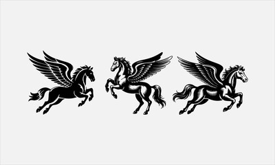 Flying horse with wings. Mythical creature Pegasus. Vintage retro engraving icon set vector illustration © lokshmon