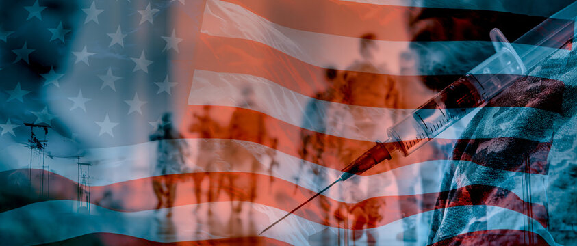 American flag overlay with silhouette of soldier in background  