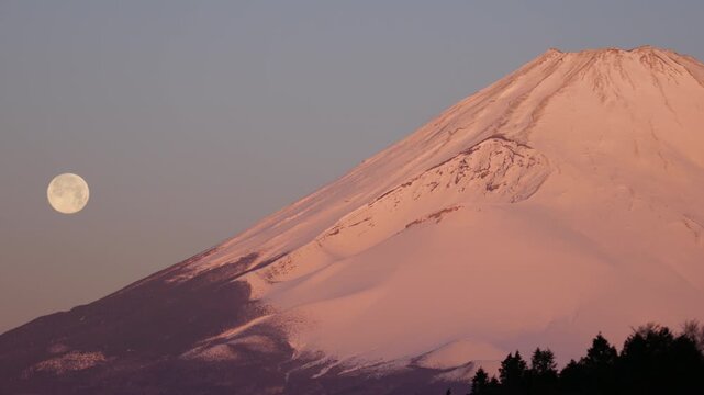 4K SDR Video of Full Moon Setting Beside Mount Fuji at Dawn with Soft Pink Morning Light &ndash; refined and denoised ProRes 422 HQ version