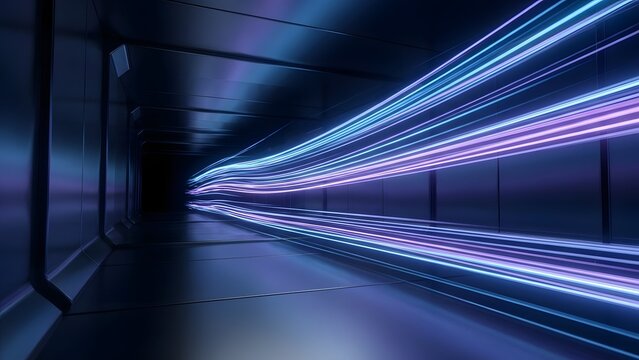 High Speed Neon Light Trails Inside Futuristic Data Tunne