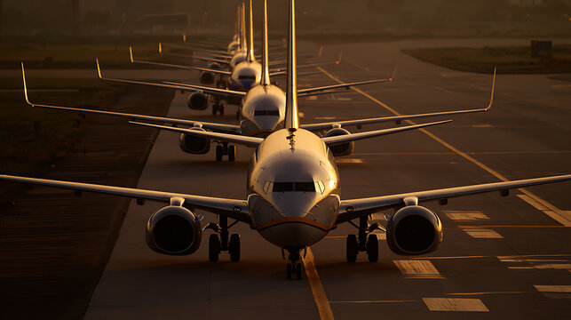 Row of Commercial Passenger Airplanes Lined Up on Airport Runway at Sunset, Ready for Departure, Air Travel Transport