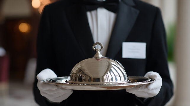 Elegant service professional in formal attire holds silver platter cloche, sophisticated hospitality, blurred background luxury setting