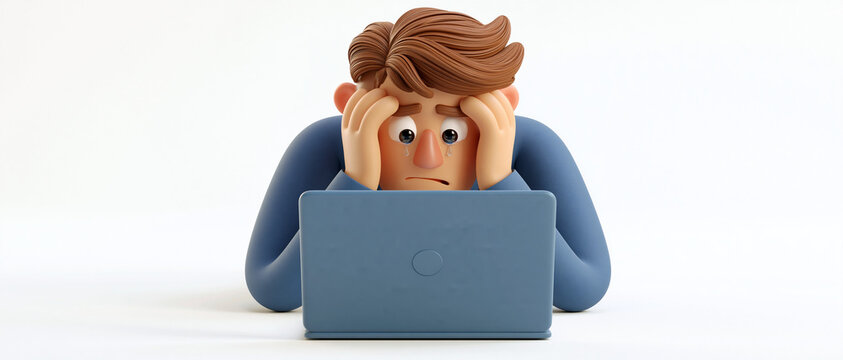 Frustrated man with hands on head staring at laptop screen  