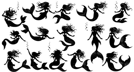 Fototapeta premium Collection of beautiful mermaid silhouettes in various swimming poses with bubble accents for fantasy art and marine themed decorative graphic design on white background