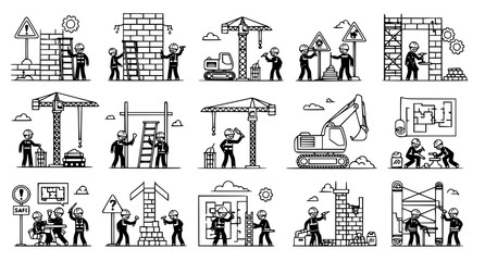 Obraz premium Set of construction site worker silhouettes and heavy machinery icons in black line art style for building industry projects architecture blueprints and safety training manuals design