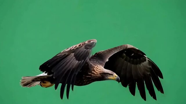 A brown eagle flies in a green video background