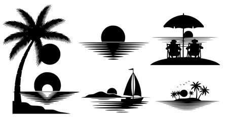 Collection of summer beach vacation silhouettes featuring palm trees sunset sailboats and relaxing people in deck chairs for travel marketing and holiday themed graphic design assets © aminul