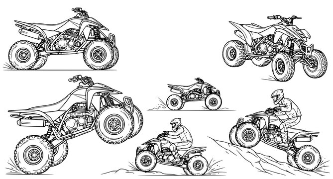 Action set of five all-terrain vehicle illustrations including rider on quad bike performing stunts and jumps for extreme sports marketing and off-road racing graphic designs