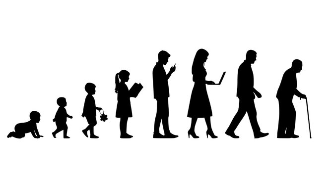Human development life cycle progression from infant to elderly person silhouettes isolated on a white background showing aging process and modern technological lifestyle impact over time