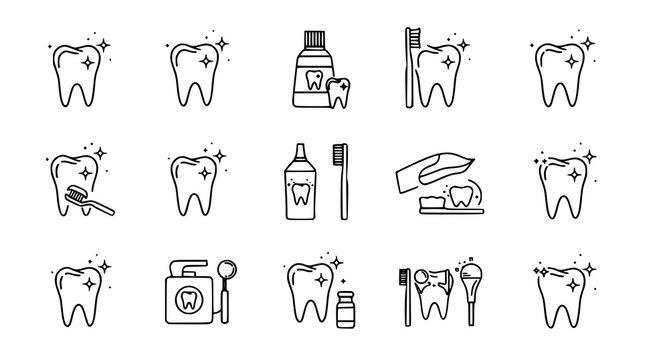 Dental hygiene icon set featuring teeth toothbrushes toothpaste and flossing symbols in a clean line art style for professional dental care and oral health branding projects
