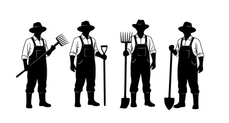 Set of professional farmers standing in overalls with agricultural tools including shovels and pitchforks for rural farming and land cultivation concept design isolated on white background © aminul