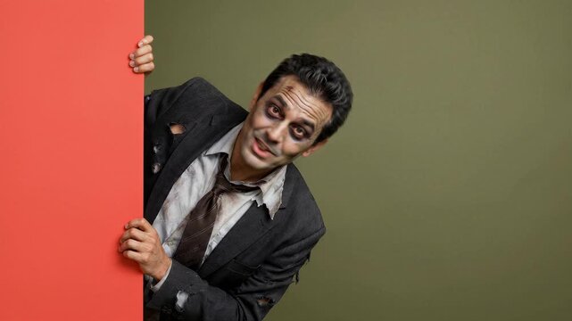 Playful Zombie Businessman in a Tattered Suit Peeking from Behind a Bright Orange Panel and Laughing on a Green Background, Spooky Halloween Costume Concept with Copy Space