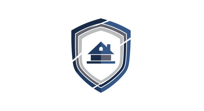 Blue house shield logo emblem.