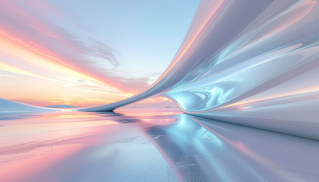 Futuristic abstract architecture with metallic fluid curves and sunset sky reflection
