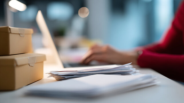 Woman works on laptop in office with stack of mail and storage boxes, represents busy workflow and efficient business operations in a modern setting