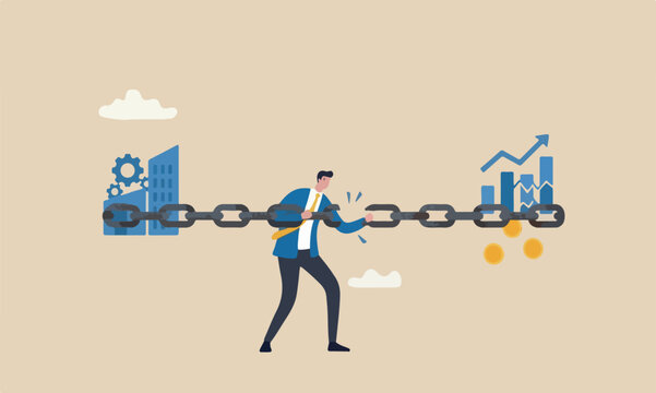 Business, in, fatigue businessman trying to hold broken chain together with his low energy