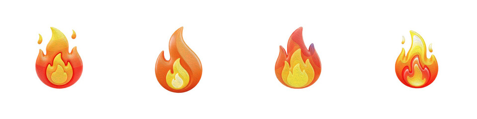 Collection of Four Vibrant Fire Flame Icons PNG Set, Isolated Cartoon Style Burning Flames for Graphic Design Projects, High-Quality Transparent Background Elements for Web, Social Media and Creative  © DesireDoue