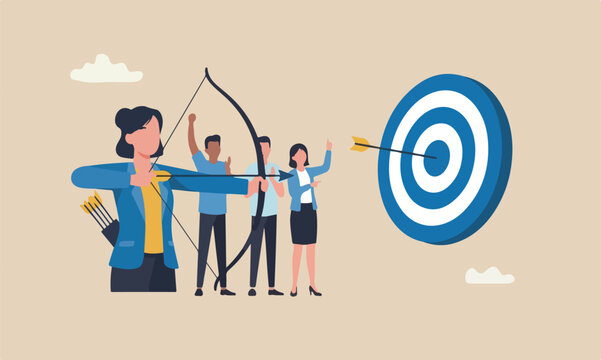 Achieve bullsey female entrepreneur, aiming to hit bullseye target concept, cheerful businesswoman archery shot arrow to hit big target