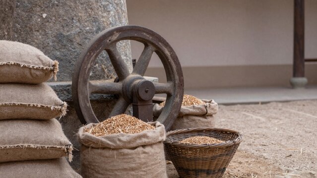 Old weathered wooden wheel resting large grey stone block next there several burlap sacks stacked top each oth