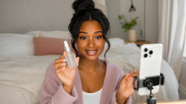 Beauty content creator recording UGC skincare video on smartphone while holding a blank serum dropper bottle in a bright cozy bedroom interior