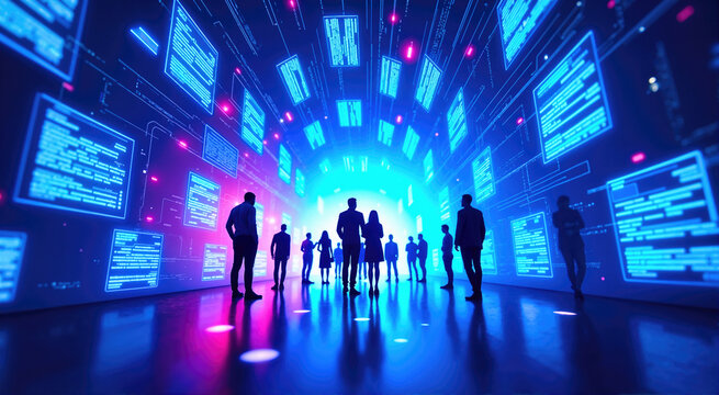 Silhouettes of people in a futuristic tunnel of digital screens. Glowing blue data and code concept for technology and recruitment