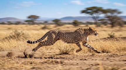 Magnificent spotted cheetah sprinting across the dry african savanna in this high speed wildlife photograph capturing the powerful movement and incredible agility of this wild cat during a fast chase © PixelVistaStudio