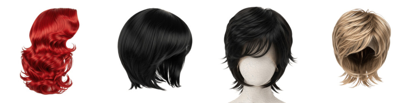 Set of 4 Stylish Fashion Wigs, Colorful Synthetic Hair Pieces for Cosplay, Beauty, Styling, and Costume Design Isolated PNG Clipart, Perfect for Hair Salons, Fashion Blogs, and Creative Graphic Projec